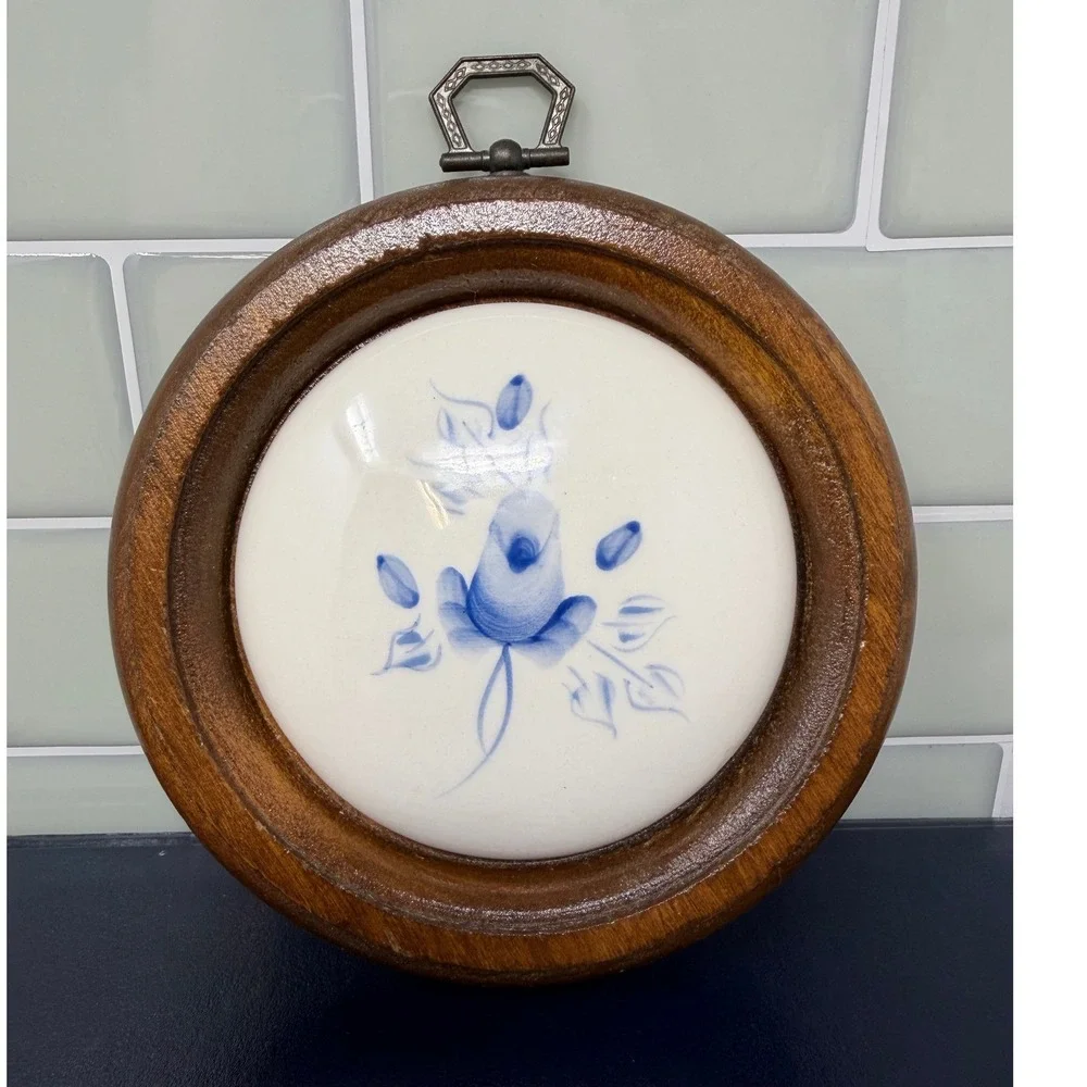 VTG Lasting Products Inc Hand Painted Blue Rose Ceramic & Wood Wall Plaque